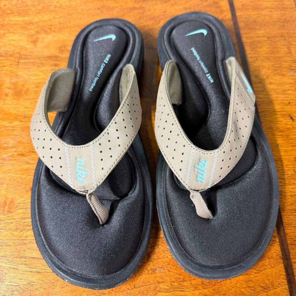 Nike Womens 9 Brown Comfort Footbed Flip Flop Sandals Tan Perforated Straps